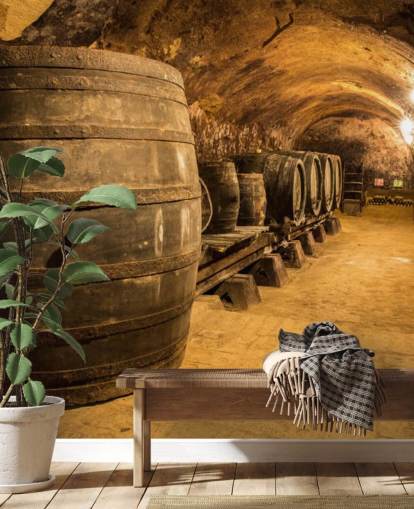 mural de papel de parede de adega 3D marrom chamado Old Wooden Barrels in the Wine Cellar para cozinhas