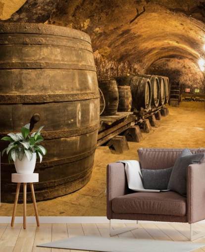 mural de papel de parede de adega 3D marrom chamado Old Wooden Barrels in the Wine Cellar para cozinhas