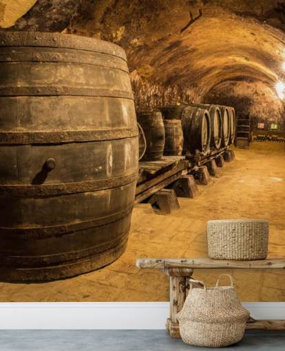 brown 3d wine cellar wallpaper mural called Old Wooden Barrels in the Wine Cellar for kitchens