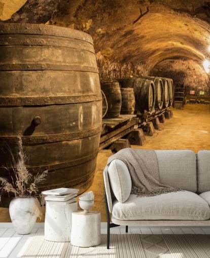 mural marrón de papel pintado de bodega en 3D llamado Old Wooden Barrels in the Wine Cellar para cocinas