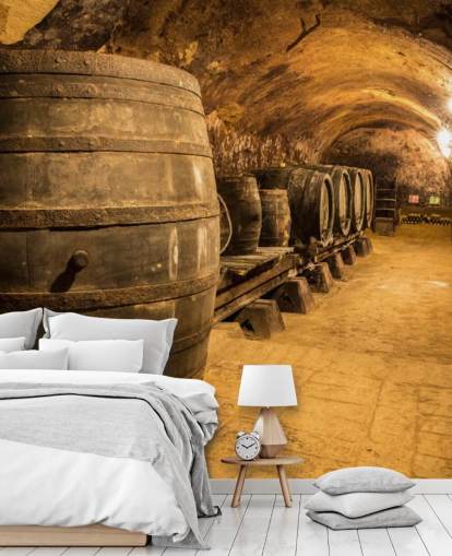 papier peint mural de cave à vin 3D marron appelé Old Wooden Barrels in the Wine Cellar pour cuisines