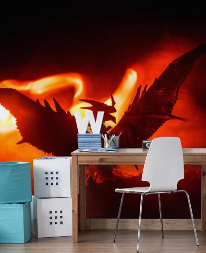 feu allumé derrière le papier peint dragon