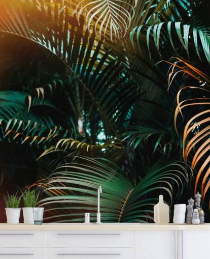 Deep Dark Palm Leaves Mural