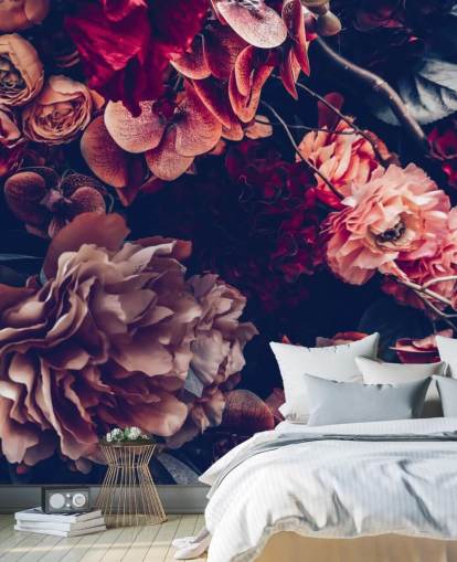 mørkt tilpasselig blomstertapet vægmaleri kaldet Dark Vintage Floral til soveværelse mørkt tilpasselig blomstertapet vægmaleri kaldet Dark Vintage Floral til soveværelse