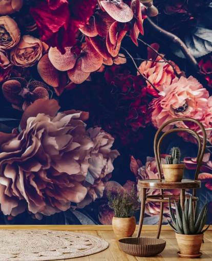 dunkles personalisierbares Blumentapeten-Wandbild namens Dark Vintage Floral für Schlafzimmer