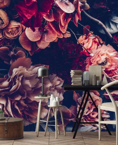 dunkles personalisierbares Blumentapeten-Wandbild namens Dark Vintage Floral für Schlafzimmer