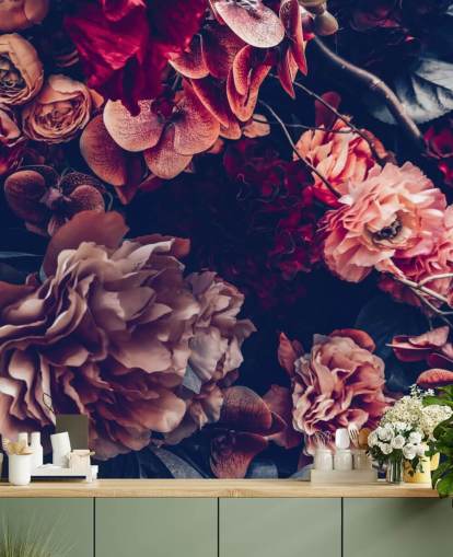 mørkt tilpassbart blomstertapet veggmaleri kalt Dark Vintage Floral for soverom mørkt tilpassbart blomstertapet veggmaleri kalt Dark Vintage Floral for soverom