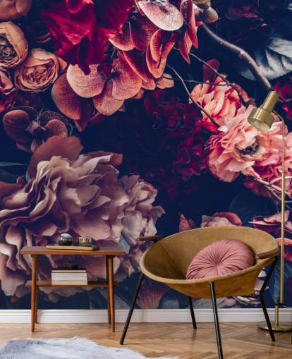 mörk anpassningsbar blommig tapetväggmålning kallad Dark Vintage Floral för sovrum