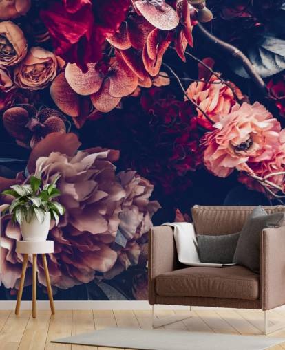 dark customizable floral wallpaper mural called Dark Vintage Floral for bedroom