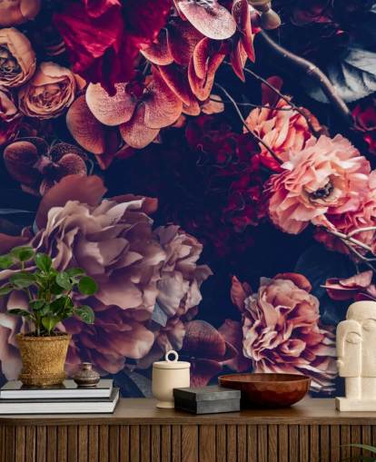 mörk anpassningsbar blommig tapetväggmålning kallad Dark Vintage Floral för sovrum