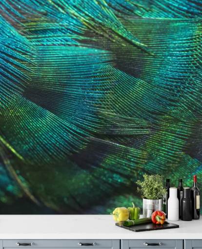 Closeup Peacock Feathers Muurschildering