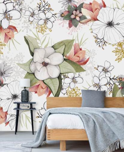 Mural Estallido floral blanco de Kelly Kratzing