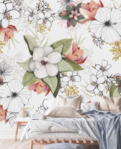 Murale Floral Burst blanc par Kelly Kratzing