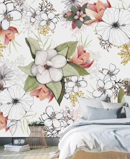 Witte bloemen burst muurschildering van Kelly Kratzing Witte bloemen burst muurschildering van Kelly Kratzing