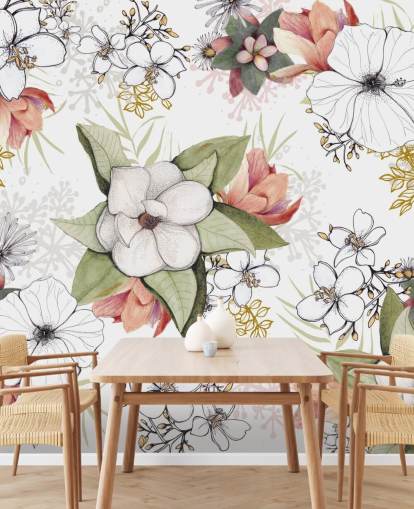 Mural Estallido floral blanco de Kelly Kratzing