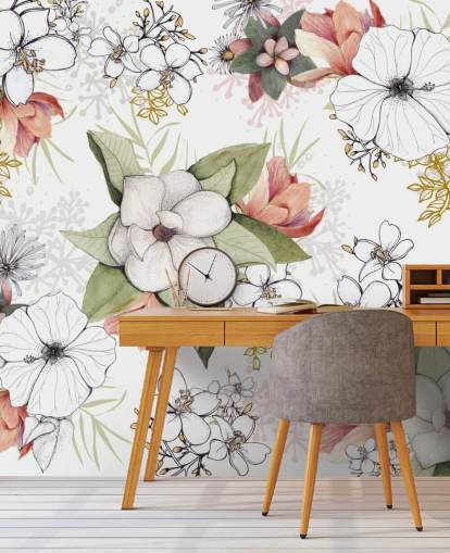 Hvit Blomster Burst Mural av Kelly Kratzing