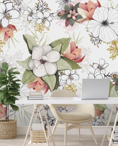 White Floral Burst Mural by Kelly Kratzing