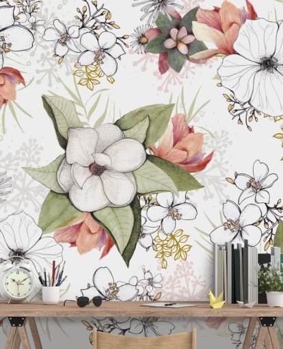 White Floral Burst Mural by Kelly Kratzing
