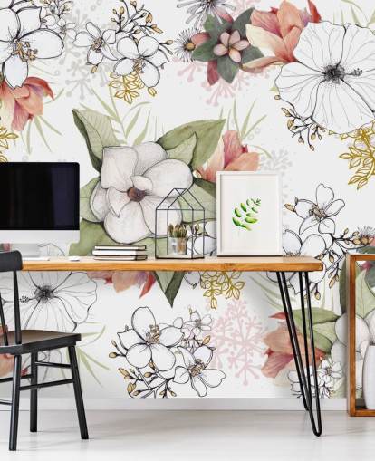 Mural Estallido floral blanco de Kelly Kratzing Mural Estallido floral blanco de Kelly Kratzing