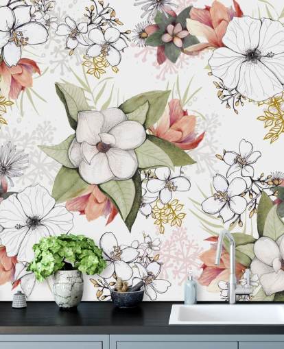 White Floral Burst Mural by Kelly Kratzing