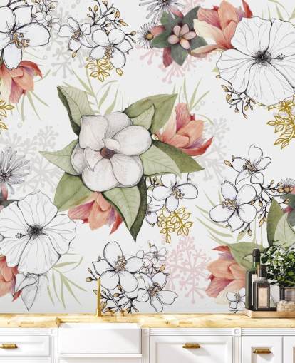 White Floral Burst Mural by Kelly Kratzing
