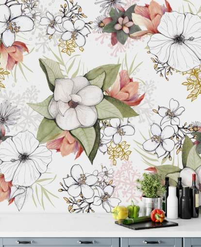 Witte bloemen burst muurschildering van Kelly Kratzing