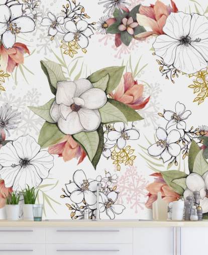 Hvit Blomster Burst Mural av Kelly Kratzing