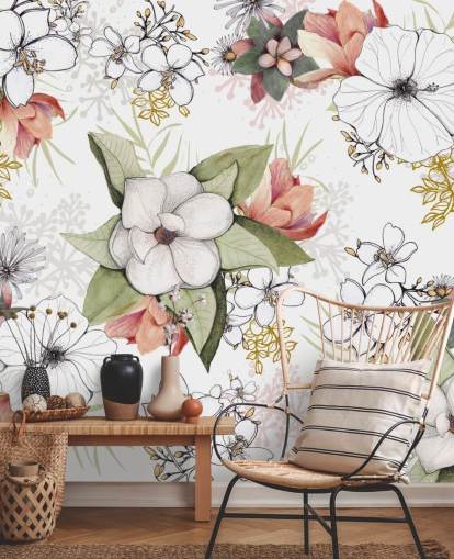 White Floral Burst Mural by Kelly Kratzing