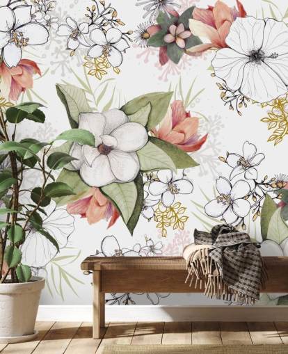 Vit blommig Burst Väggmålning av Kelly Kratzing