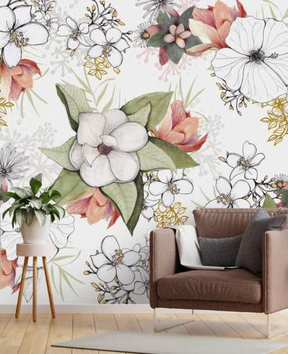 White Floral Burst Mural by Kelly Kratzing