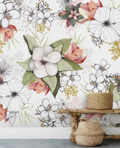 White Floral Burst Mural by Kelly Kratzing