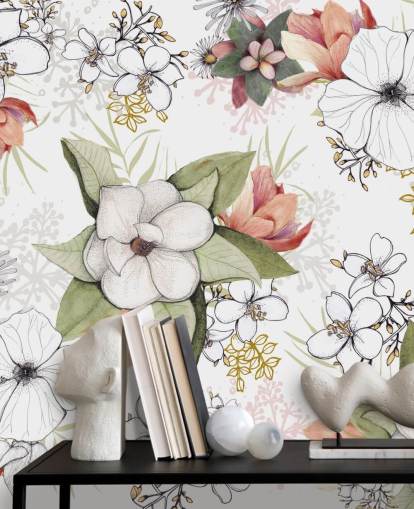 Mural Estallido floral blanco de Kelly Kratzing