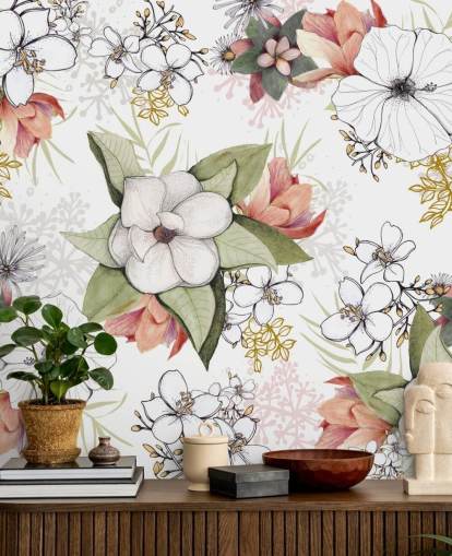 White Floral Burst Mural by Kelly Kratzing