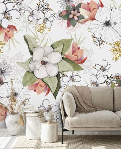 Murale Floral Burst blanc par Kelly Kratzing