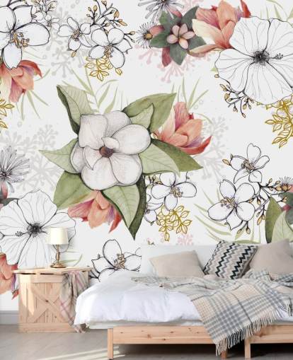 Hvit Blomster Burst Mural av Kelly Kratzing