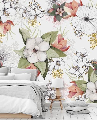 Murale Floral Burst blanc par Kelly Kratzing