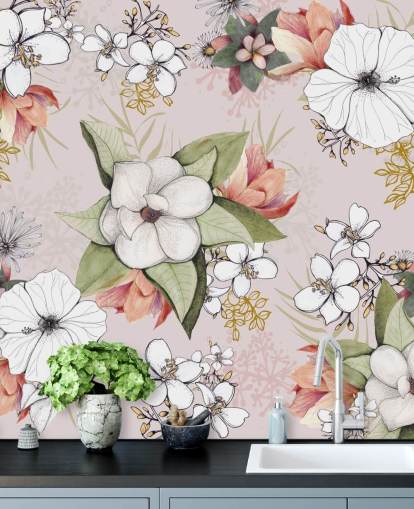Papel de parede Pink Floral Burst por Kelly Kratzing