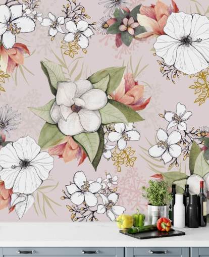 Papel pintado rosa floral de Kelly Kratzing