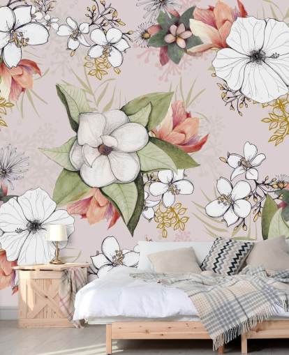 Papel pintado rosa floral de Kelly Kratzing