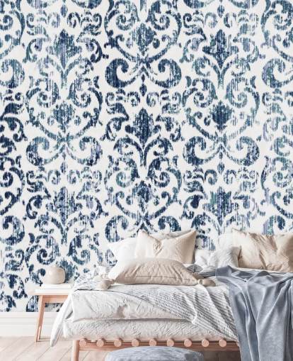 Blauw bedrukt vintage behang