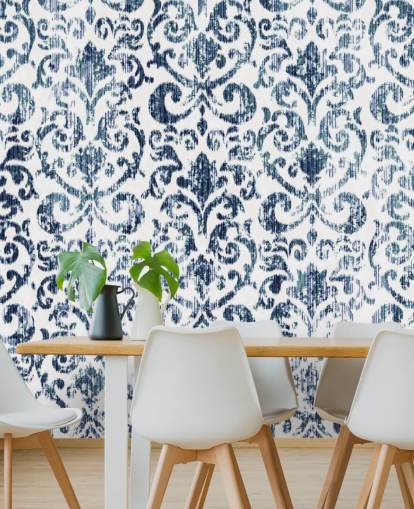 Blauw bedrukt vintage behang