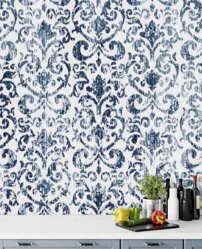 Blauw bedrukt vintage behang