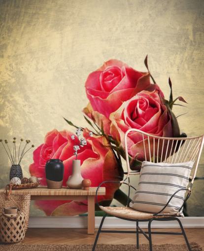 Drei Vintage-rosa Rosen bemalte Tapete