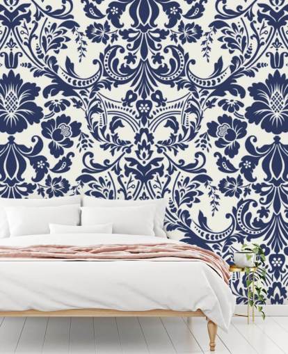 Papier Peint Fresque Damassé Bleu