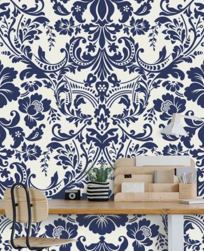 Blå Damask Mønster Mural