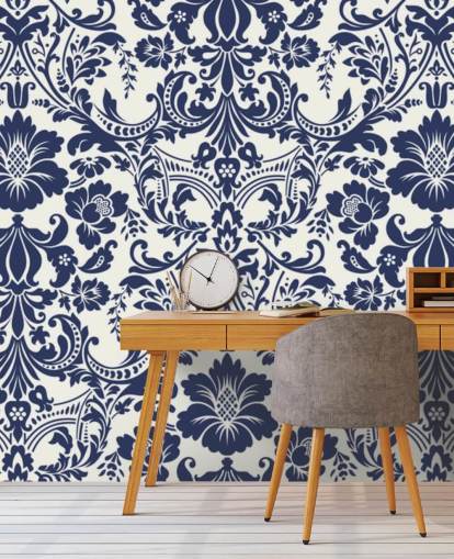 Blå Damask Mønster Mural