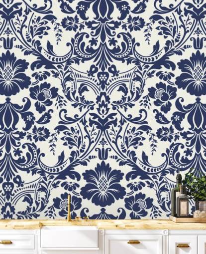 Blue Damask Pattern Mural