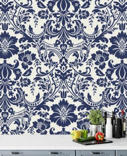 Blue Damask Pattern Mural