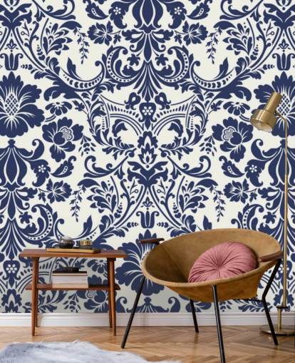 Blue Damask Pattern Mural