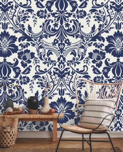 Blå Damask Mønster Mural Blå Damask Mønster Mural